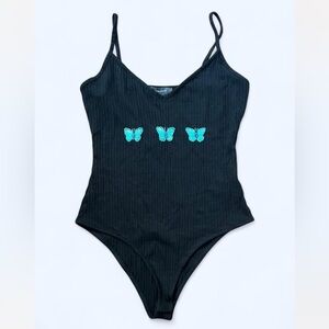 Primark Black One Piece with hand embroidered Blue Butterflies